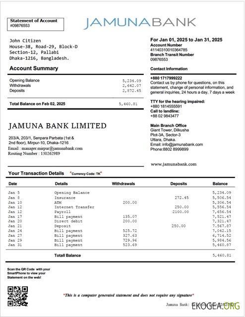 Modèle Word et PDF de relevé de compte de la Jamuna Bank du Bangladesh